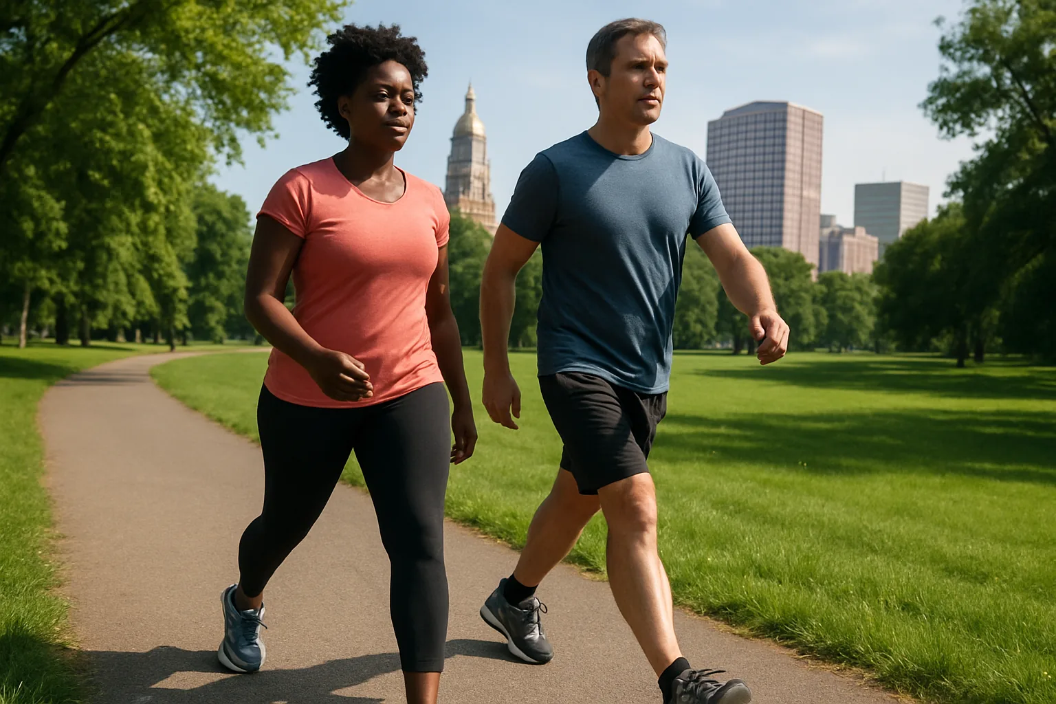 A medium shot with a dutch tilt showing two people walking in sync on a park trail, focus on their feet mid-step.