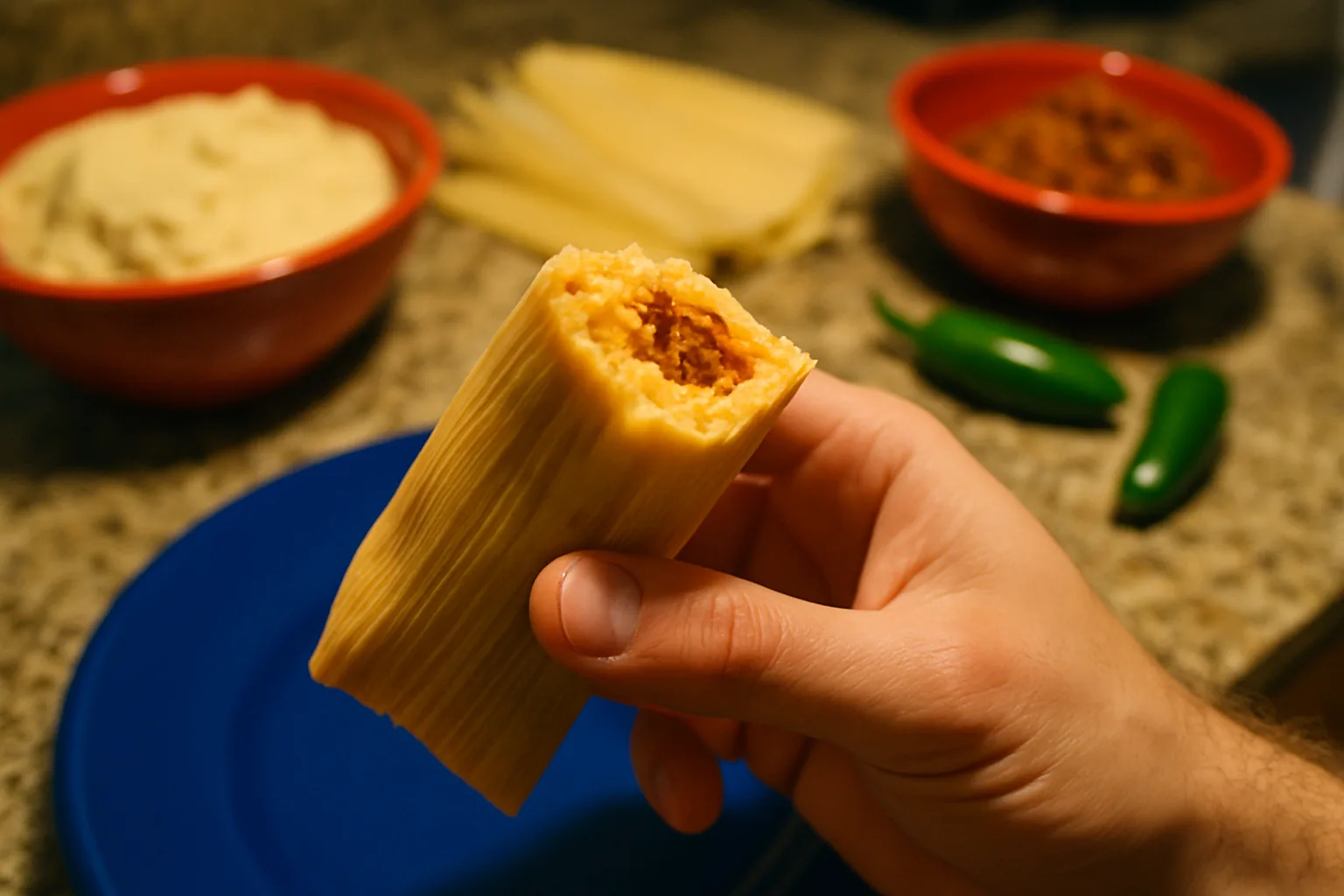 A hand holding a half-eaten tamale in a kitchen, with ingredients visible in the background.