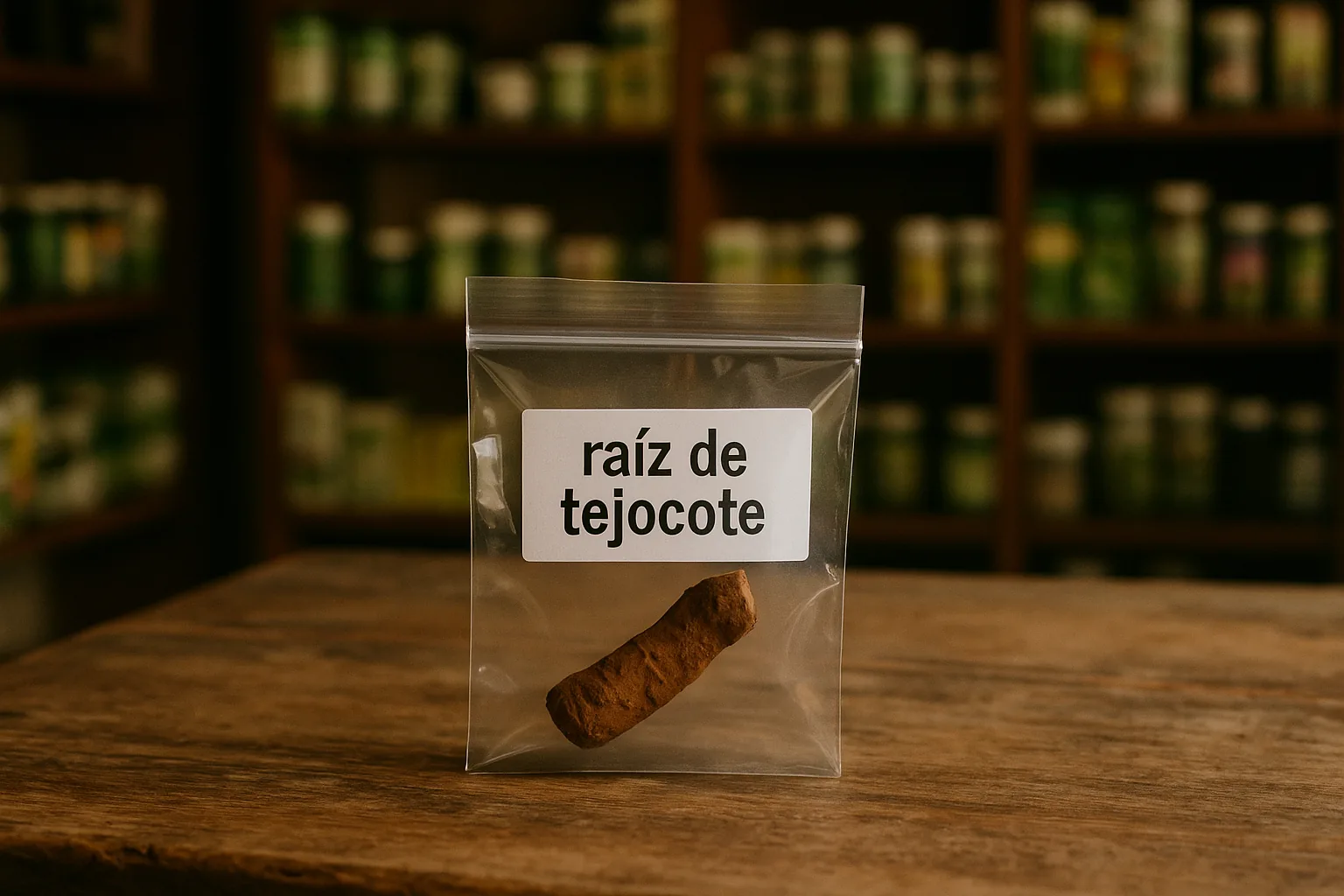 A small pouch with a brown root labeled 'raíz de tejocote' sits on a wooden table with blurred shelves of herbal products in the background.