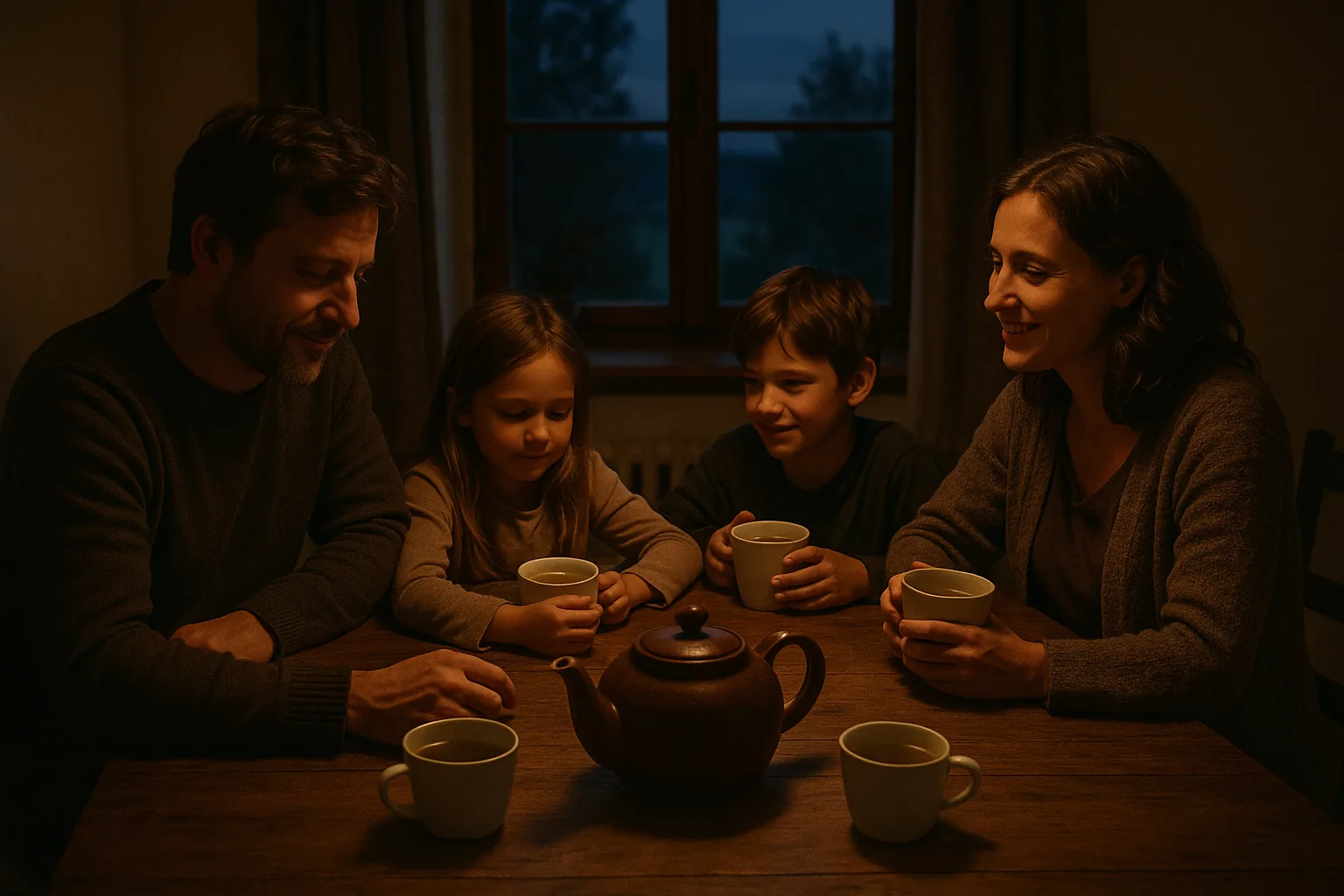 Family gathered around a wooden table with a teapot and cups of tila, in a dimly lit room.