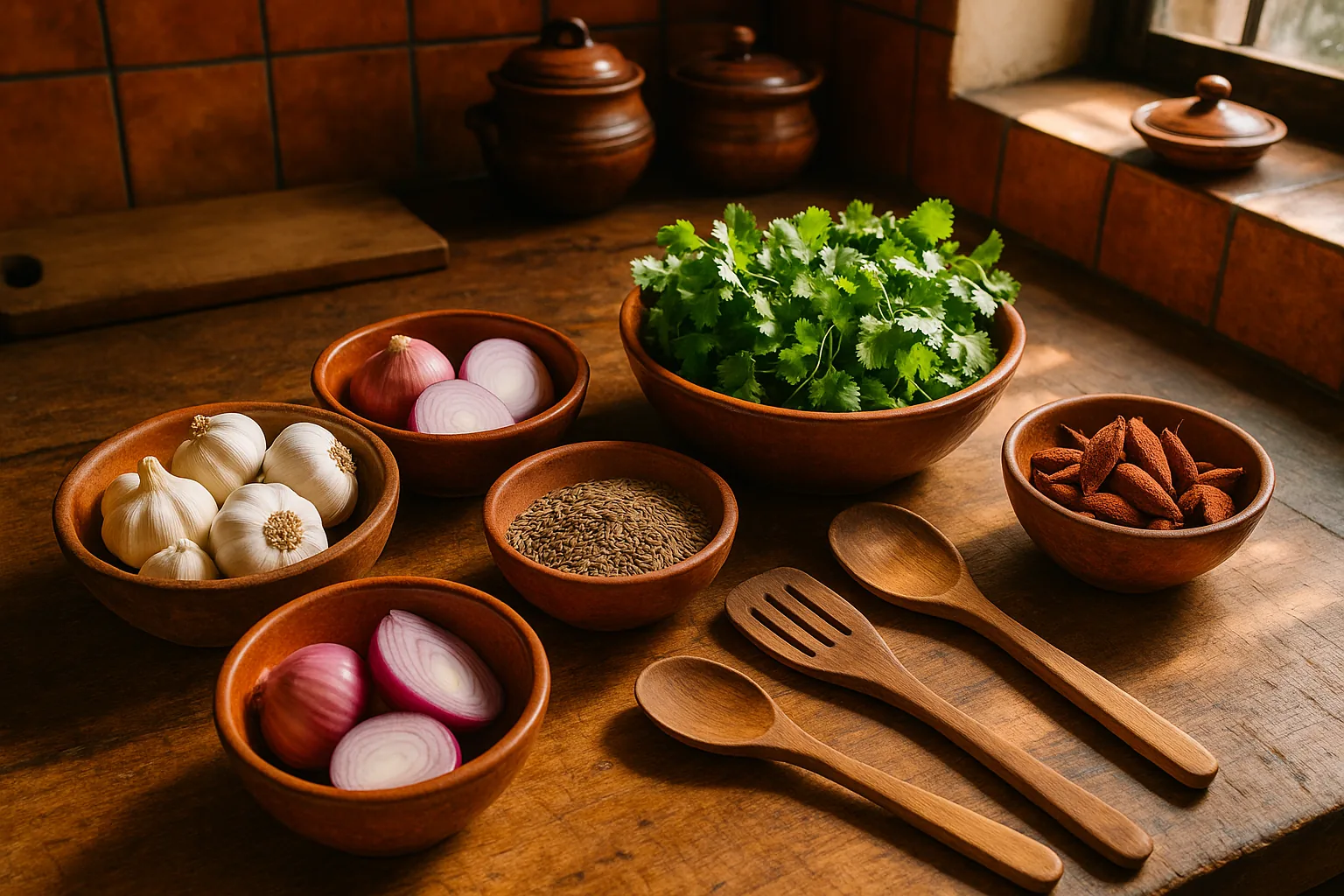 A kitchen countertop adorned with bowls of garlic, onions, cilantro, cumin seeds, and annatto pods.