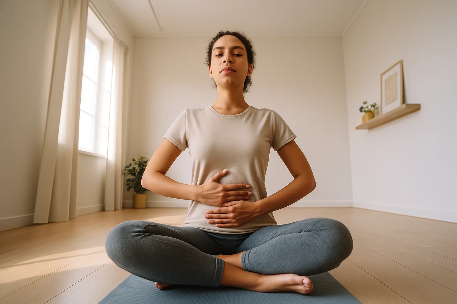 Person sitting on a yoga mat, practicing breathing exercises in a sunlit room.