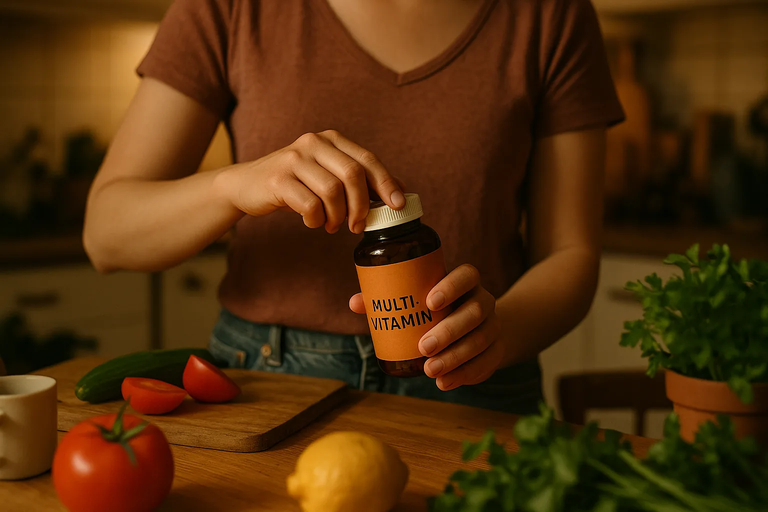 A woman's hands opening a jar of multivitamins on a kitchen table filled with produce.