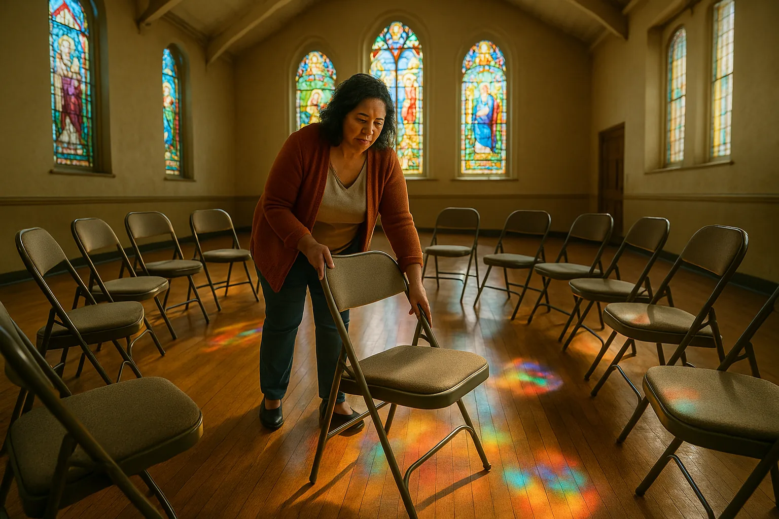 A wide shot of Carmen Reyes arranging folding chairs into a circle in a brightly lit parish hall.