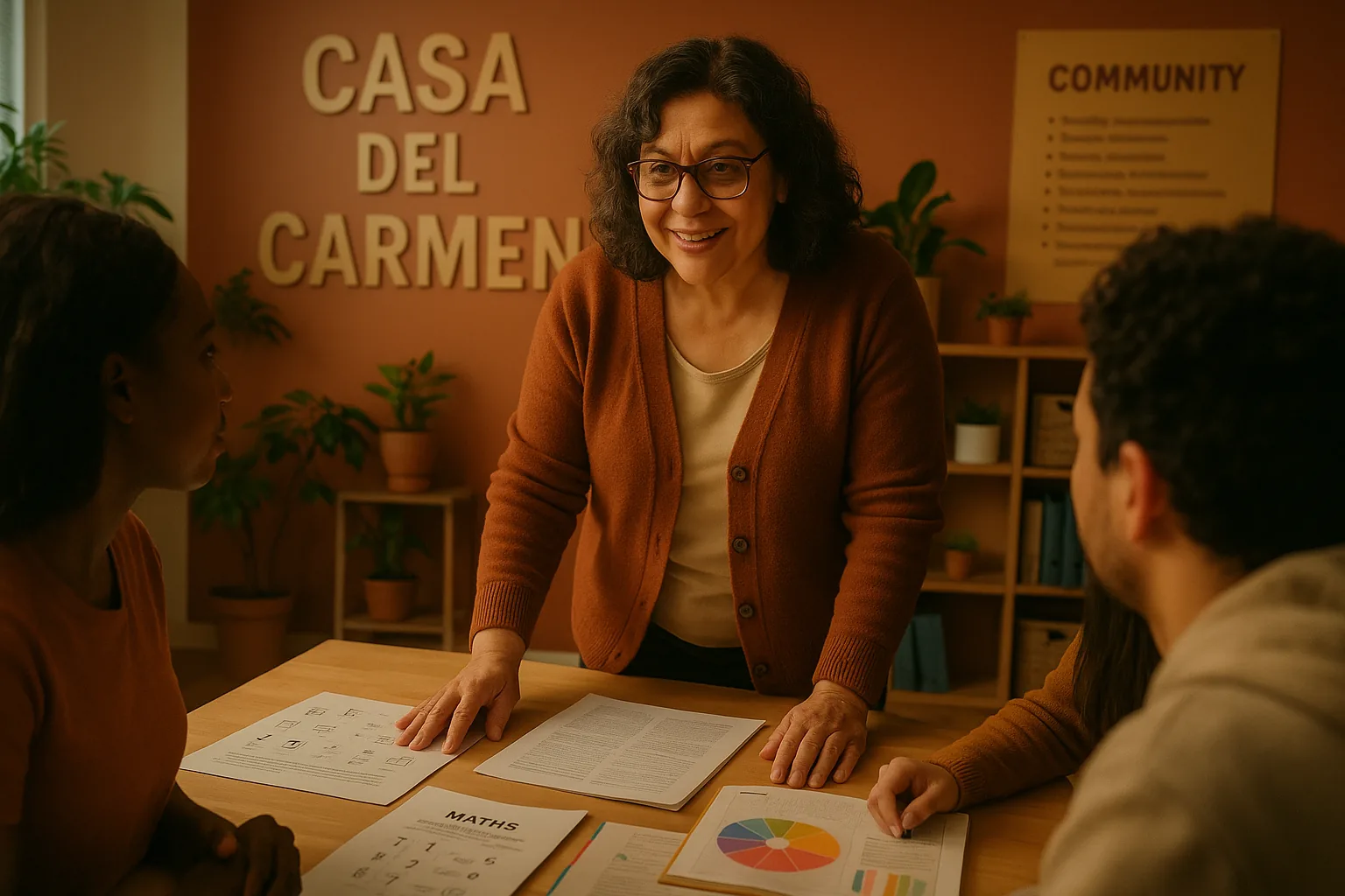 Carmen Reyes guiding a workshop in a community space with educational materials on a table.