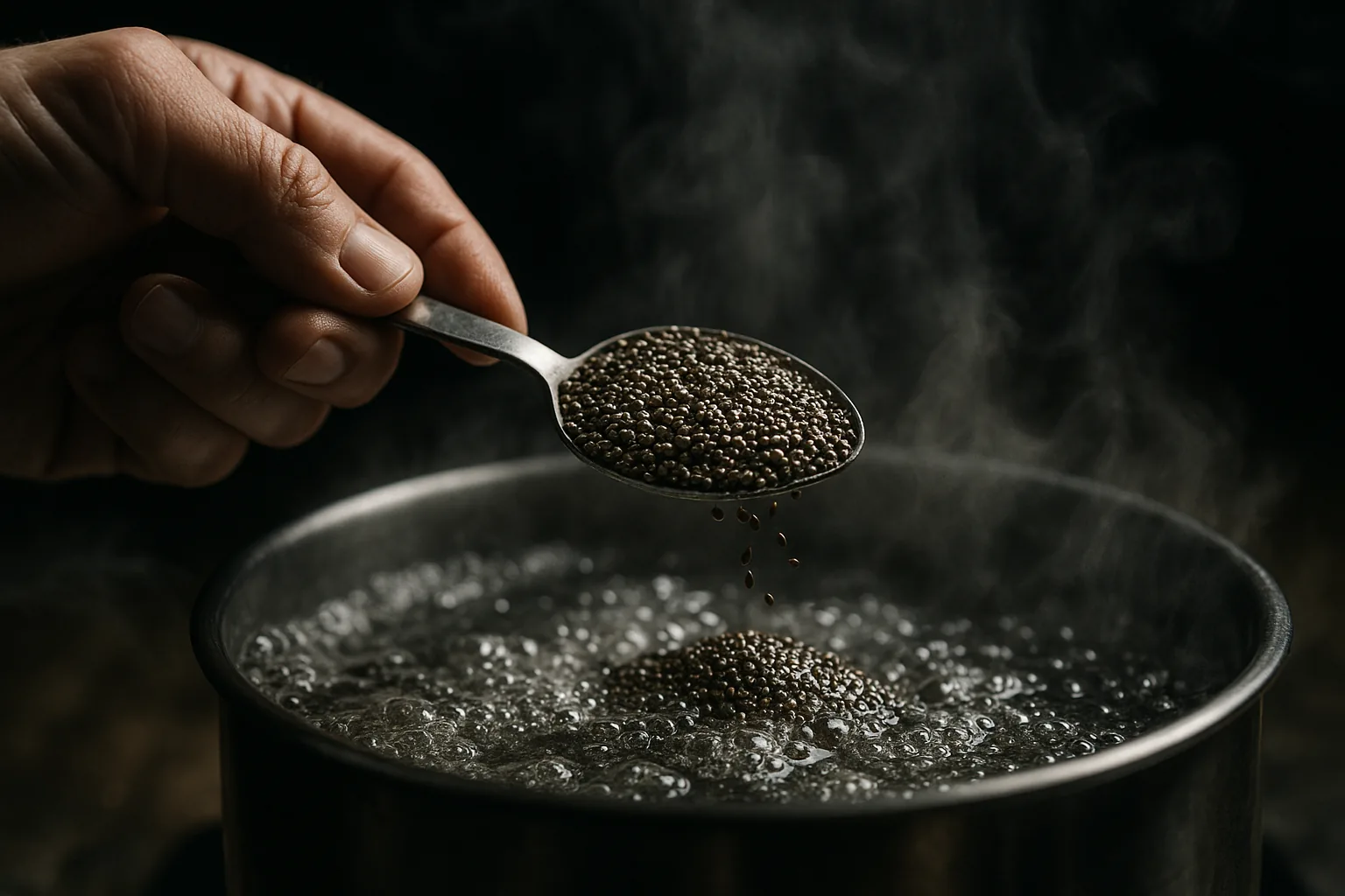 A close-up of a hand scooping chia seeds into a pot of boiling water, with steam rising against the light.