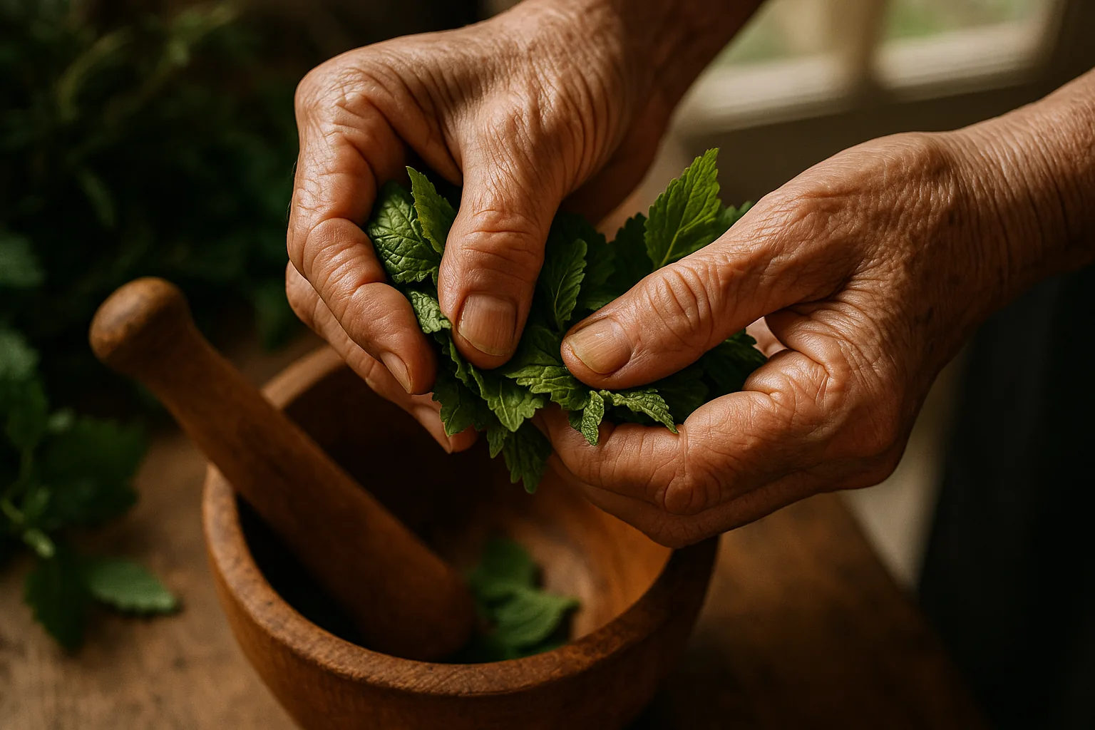 Close-up of hands crushing toronjil leaves with a mortar and pestle, herbs seen in the blurred background.