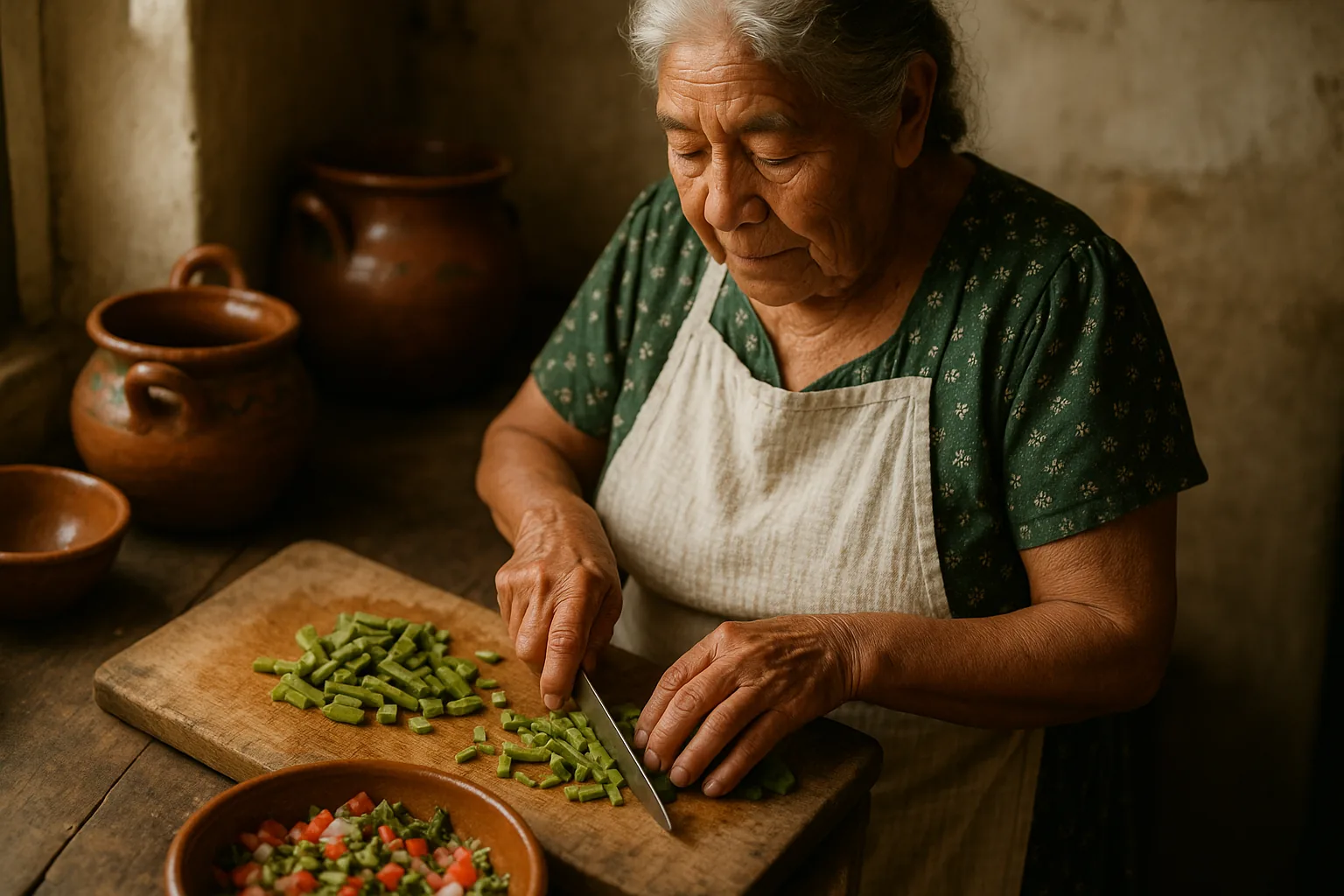 An elderly woman chopping nopal on a cutting board in a rustic kitchen filled with traditional pottery and kitchenware.