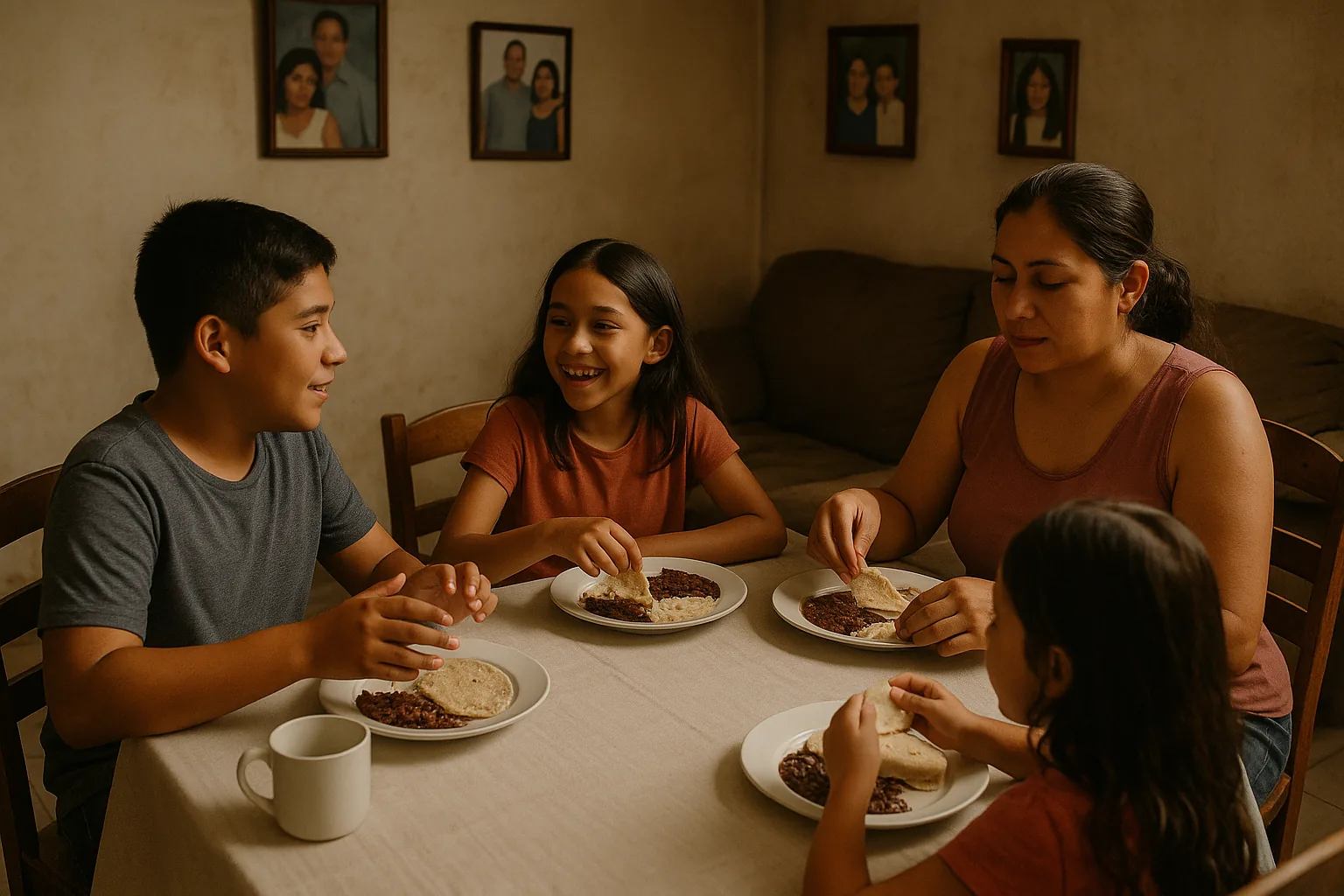 A family gathered around a dining table in a living room, eating tortillas and beans.