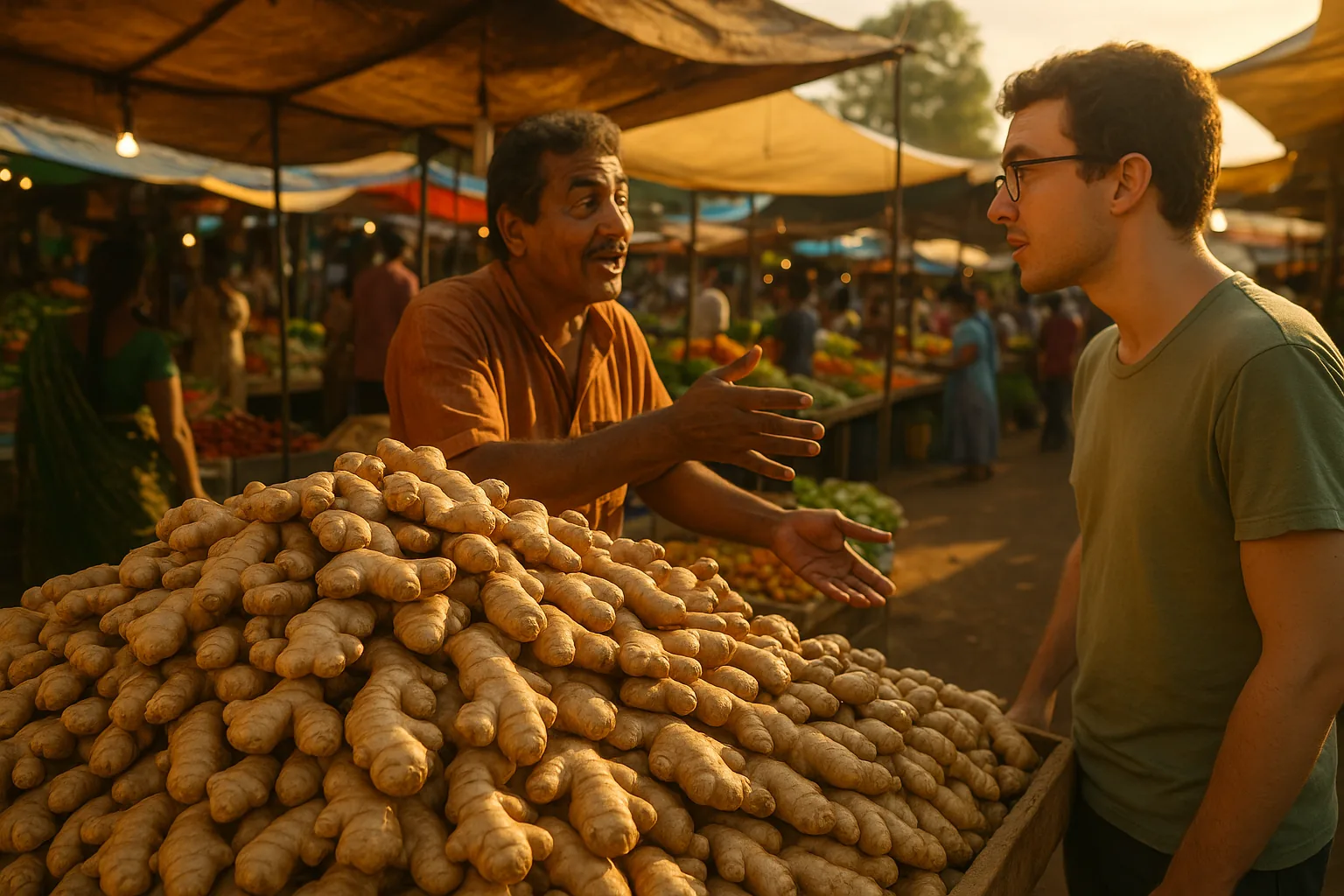 Outdoor market stall with piles of ginger roots and a vendor talking to a customer with warm afternoon lighting.