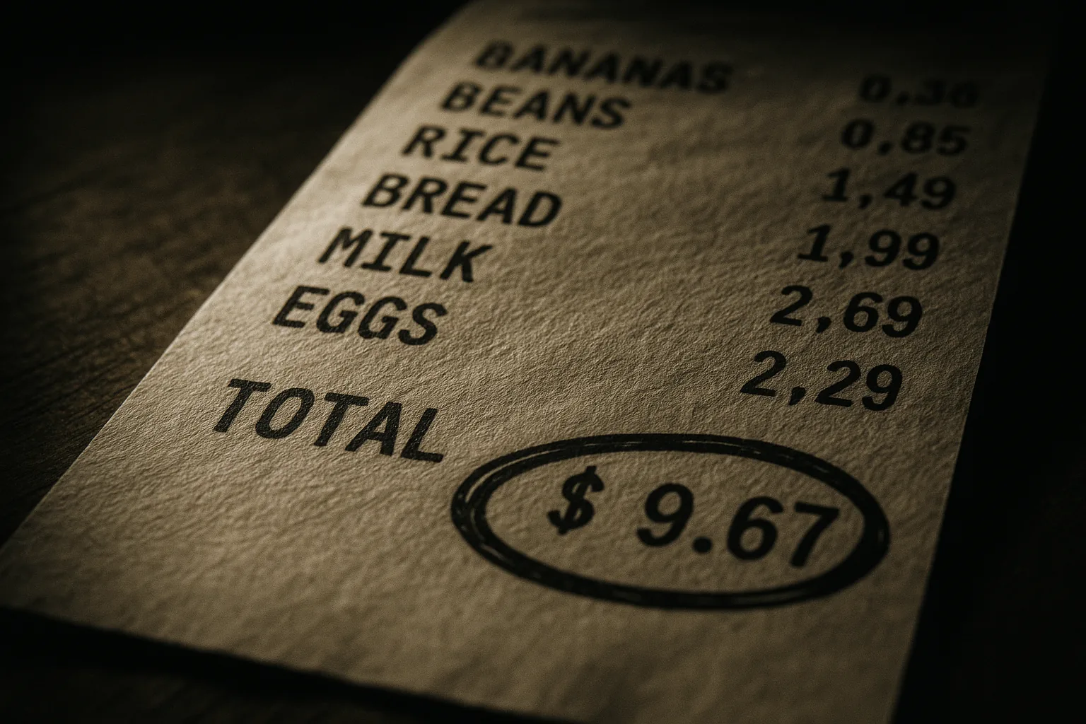 Close-up of a grocery receipt listing budget-friendly items with a circled total.