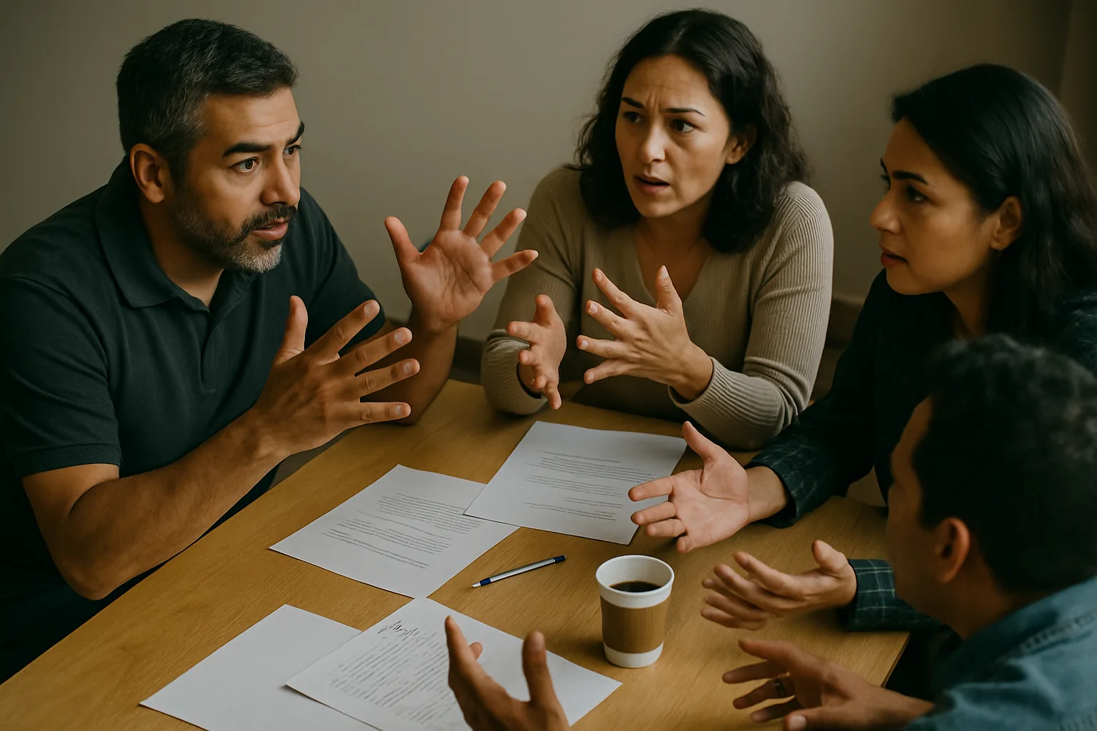 A medium shot of a table where Latino adults are engaged in discussion, papers and coffee cup visible.