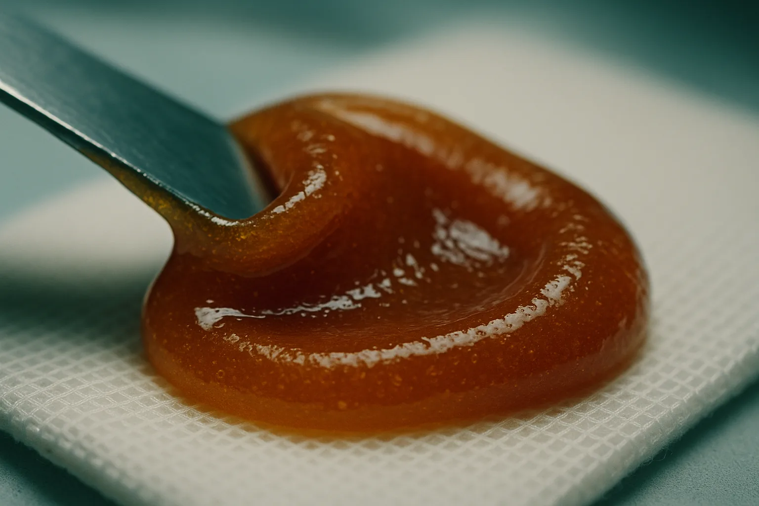 Close-up of medical-grade Manuka honey being applied to a sterile bandage.