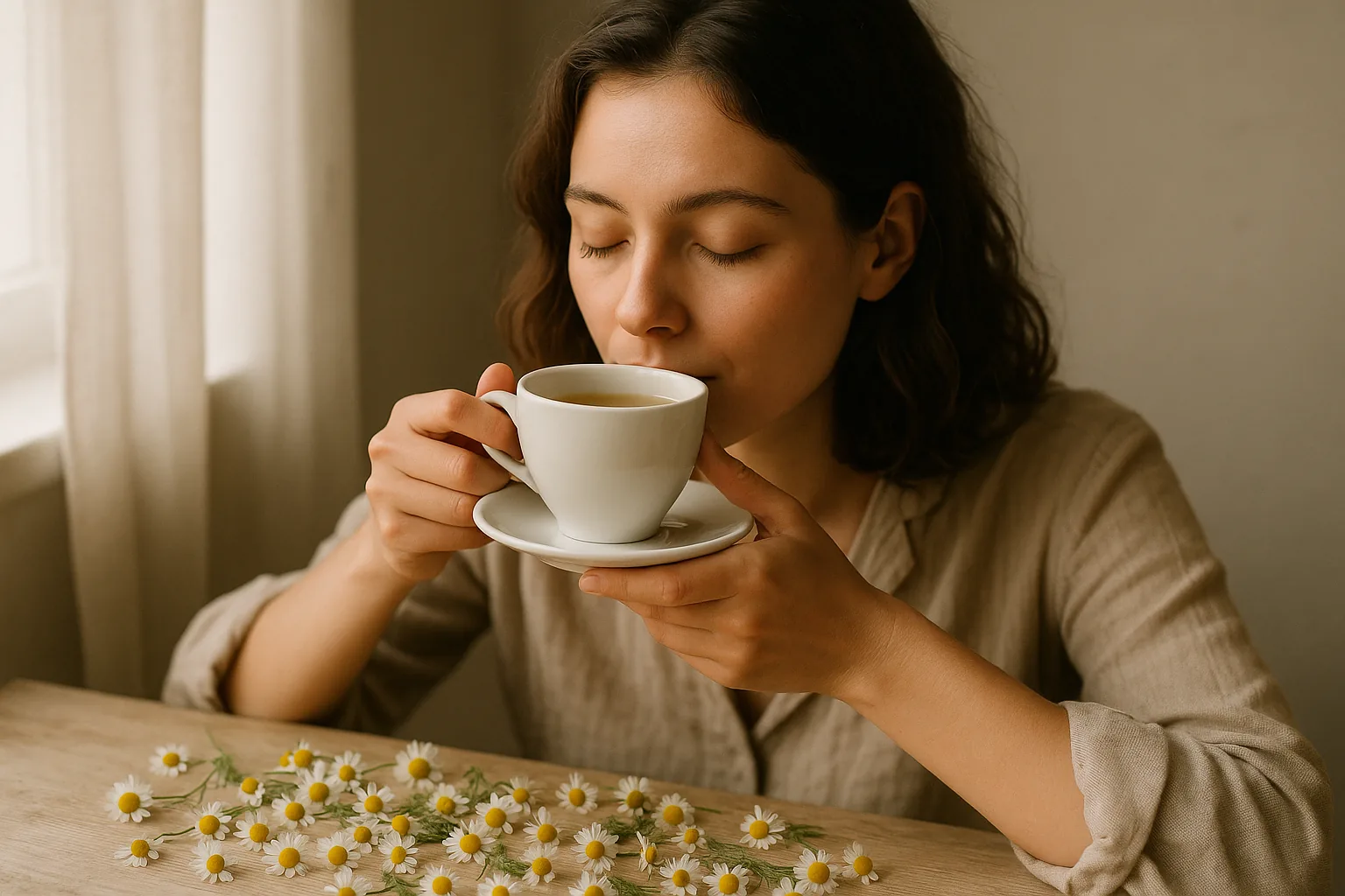 A young woman at a table with chamomile flowers sips tea, light filtering through a nearby window.