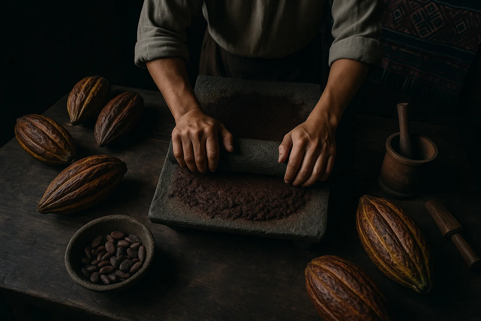 An overhead view of hands grinding cacao beans on a metate, surrounded by cacao pods and traditional tools.