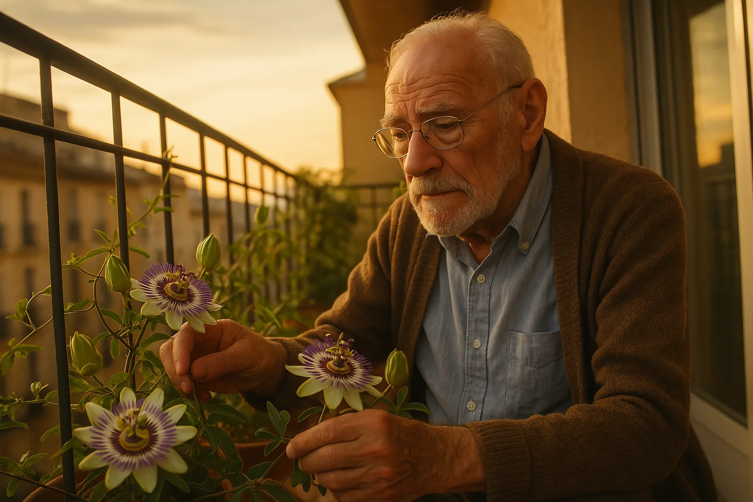 An elderly man tending to passionflower plants on a balcony, the setting sun illuminating the blooms.