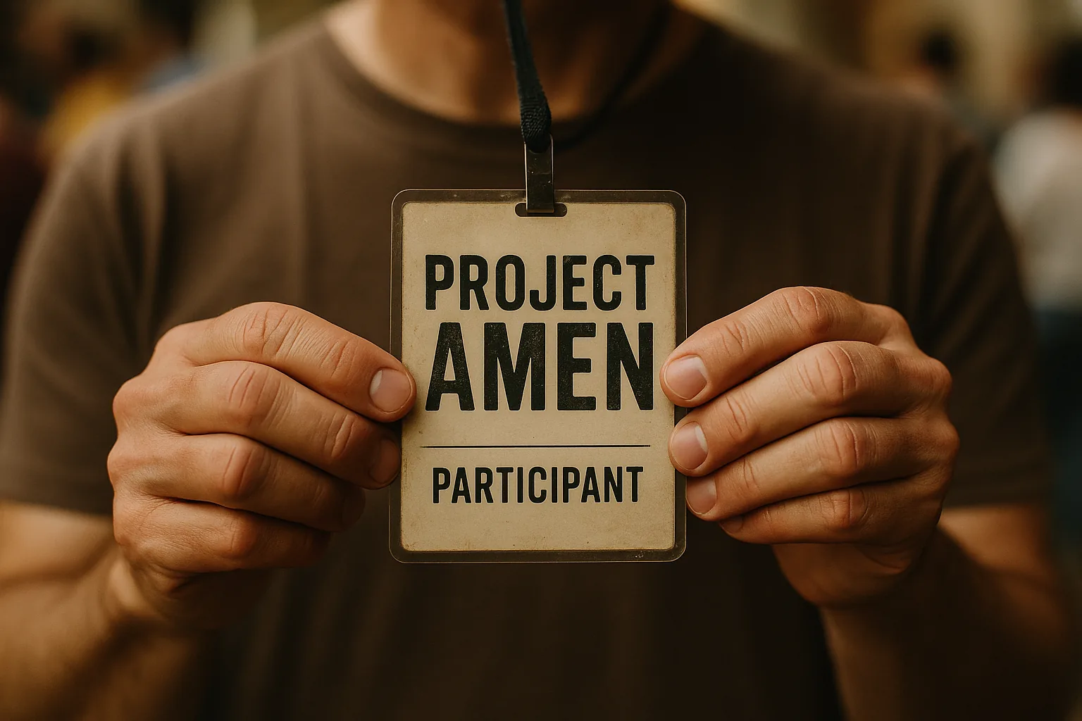 Close-up of hands holding a Project AMEN participation badge.
