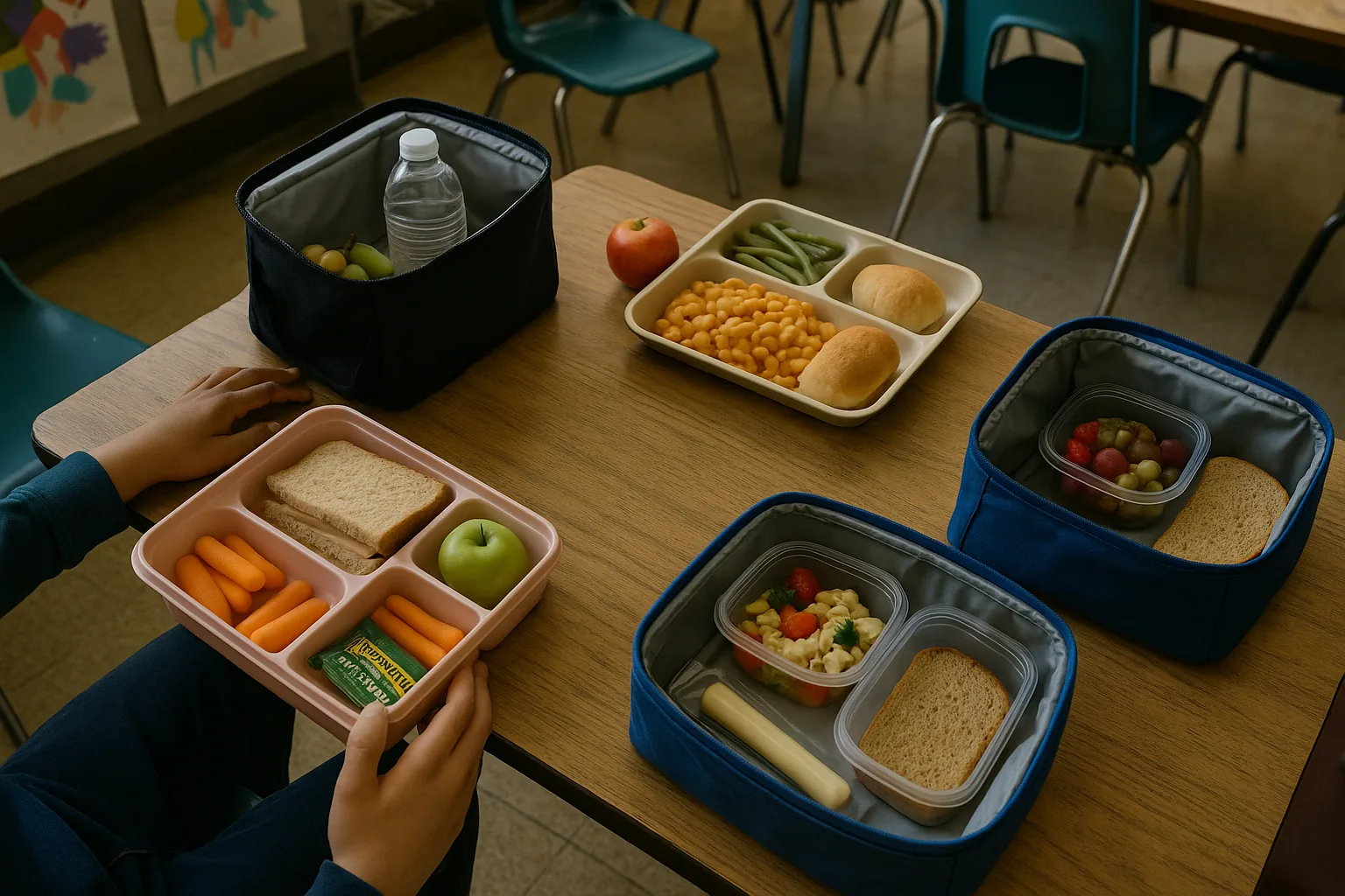 Overhead view of a school cafeteria table with diverse lunchboxes and meals.