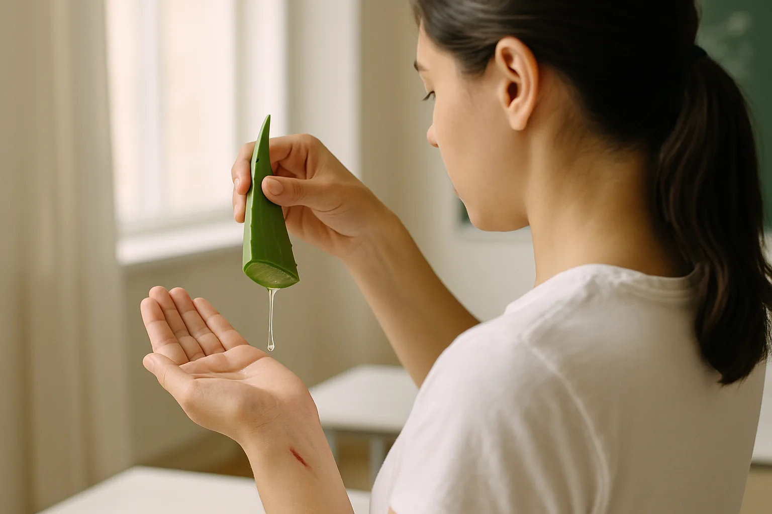 A woman applying gel from an aloe leaf to a minor cut on her hand, shown from behind.
