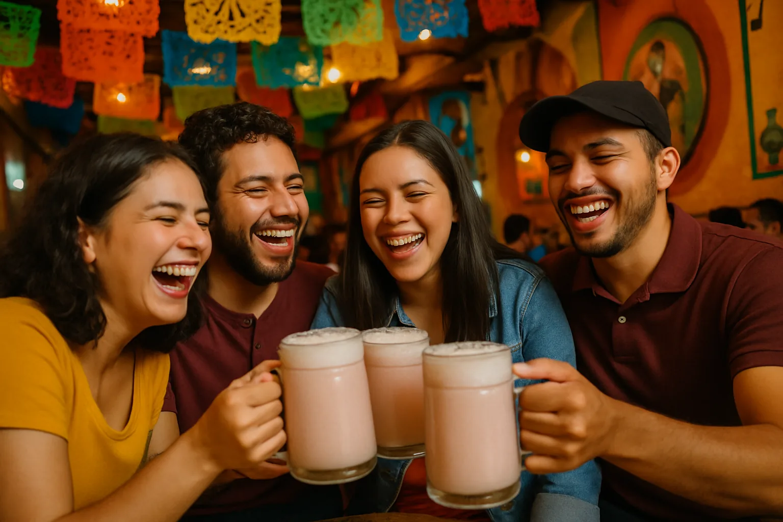 A group of people sharing a laugh over mugs of pulque in a vibrant Mexican cantina decorated with papel picado.