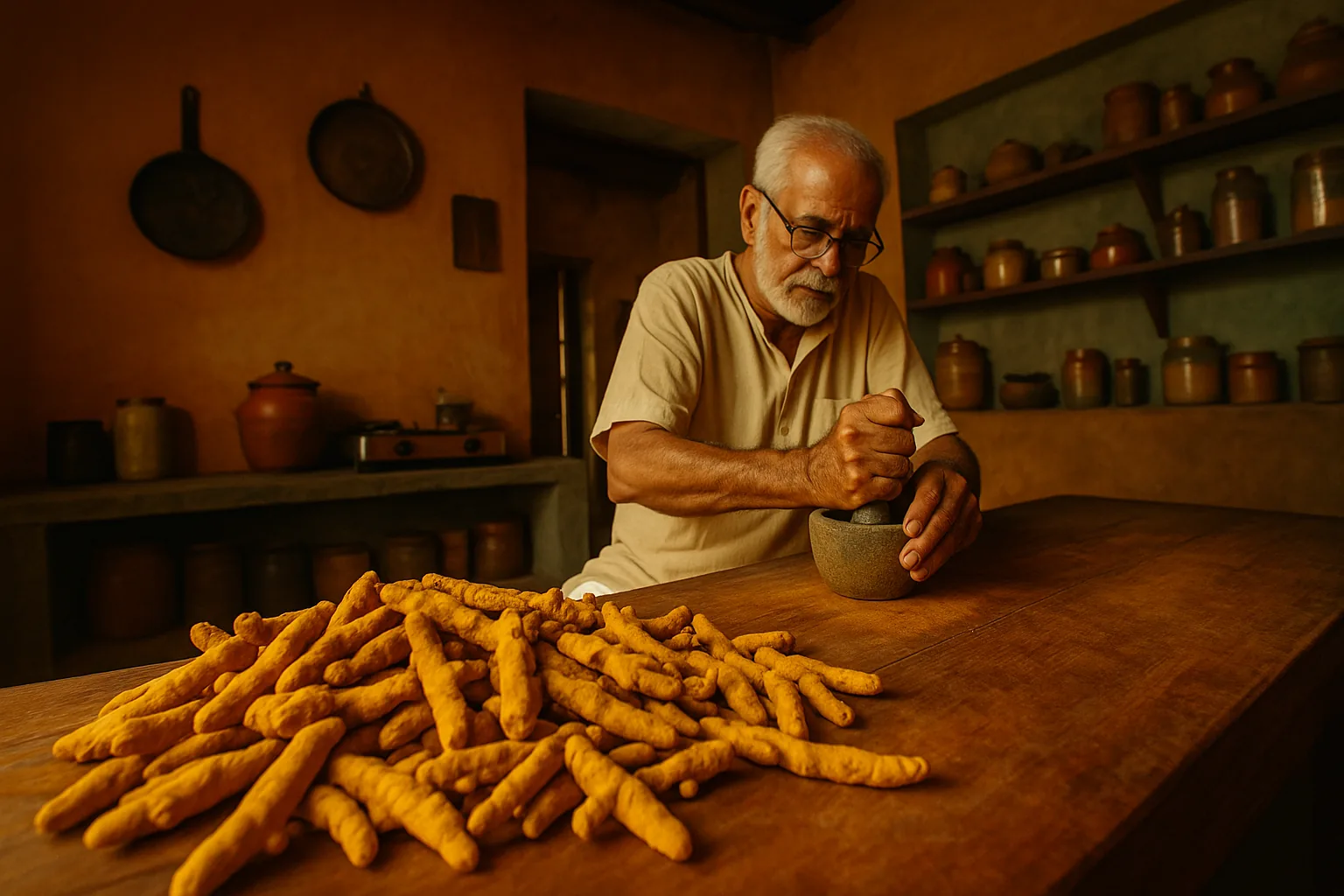 An Indian kitchen with turmeric roots on a countertop and an elderly man using a mortar and pestle.