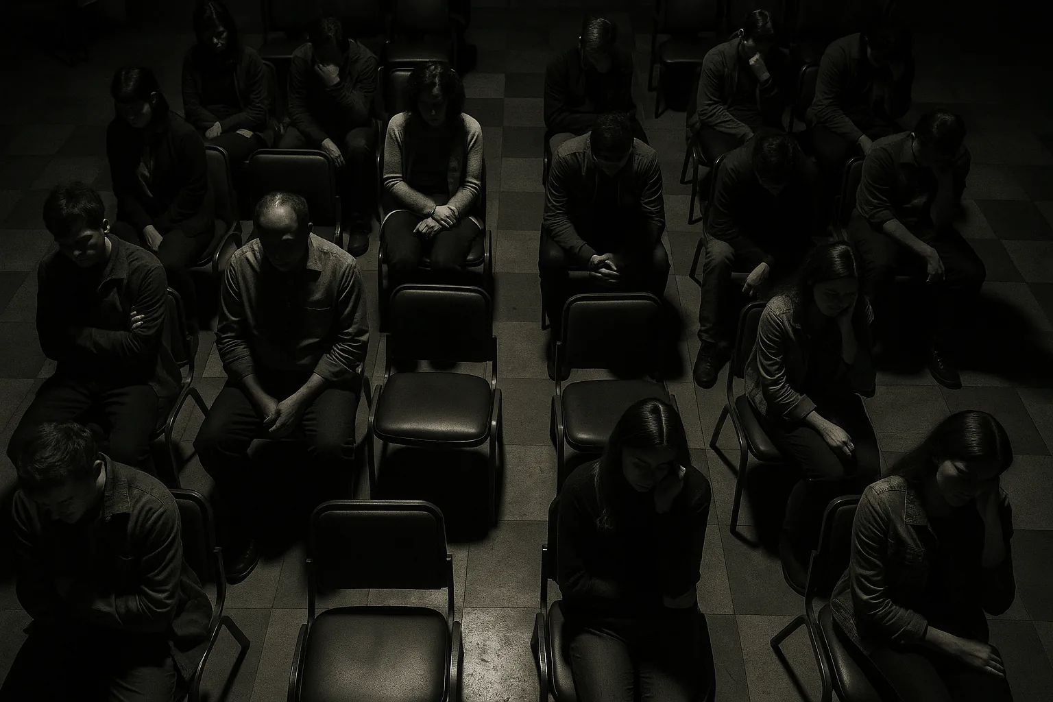 Overhead view of people sitting apart in a waiting area under harsh lighting.